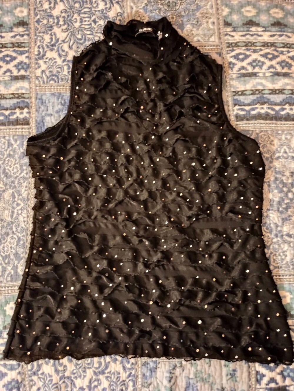 Chic Sequence Mock Neck Black Blouse - Elegant Sheer & Mesh Layer